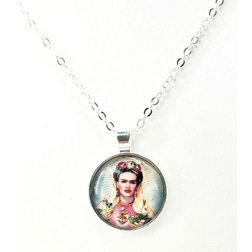Our Lady of Eyebrows, Religious Day of the Dead Frida Kahlo Necklace Silver-Tone